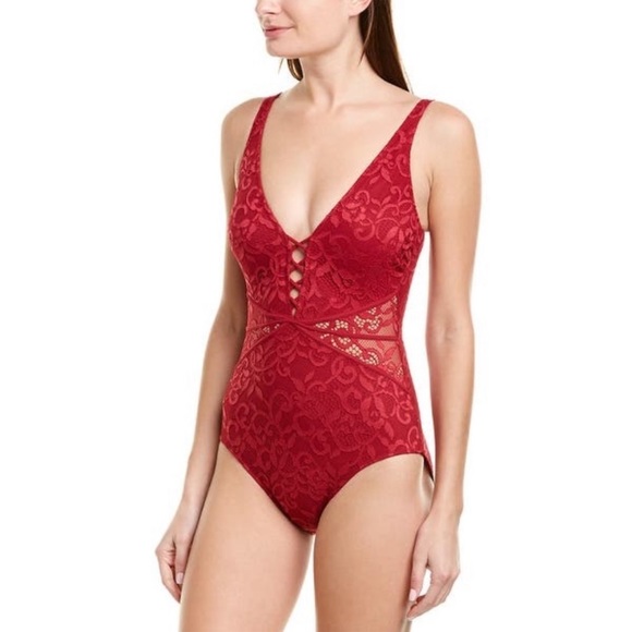 Profile by Gottex Lace Swimsuit Shalimar D-Cup 1 Piece Ruby Swim Straps - Picture 2 of 12